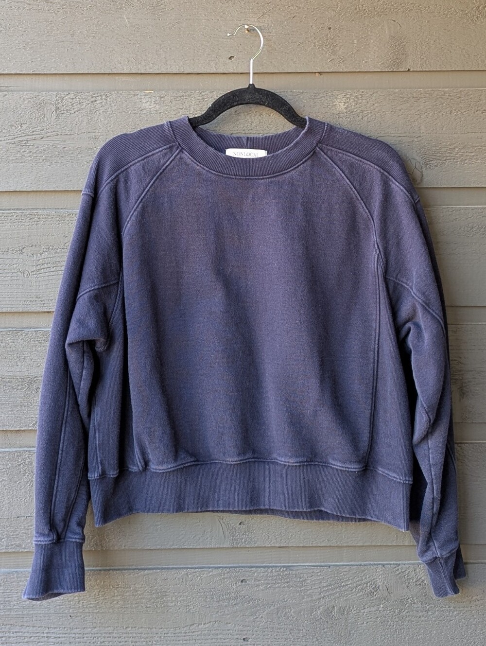 Korean Nonlocal Navy Blue Rib Block Crop Sweatshirt Free Size 100% Cotton